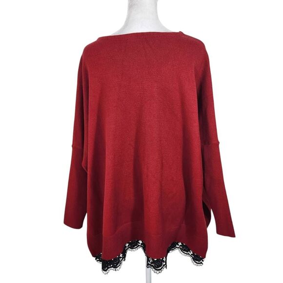 Chico's Red Sweater Poncho with Black Lace Trim NWT Size Small/Medium Red Poncho - Picture 2 of 11